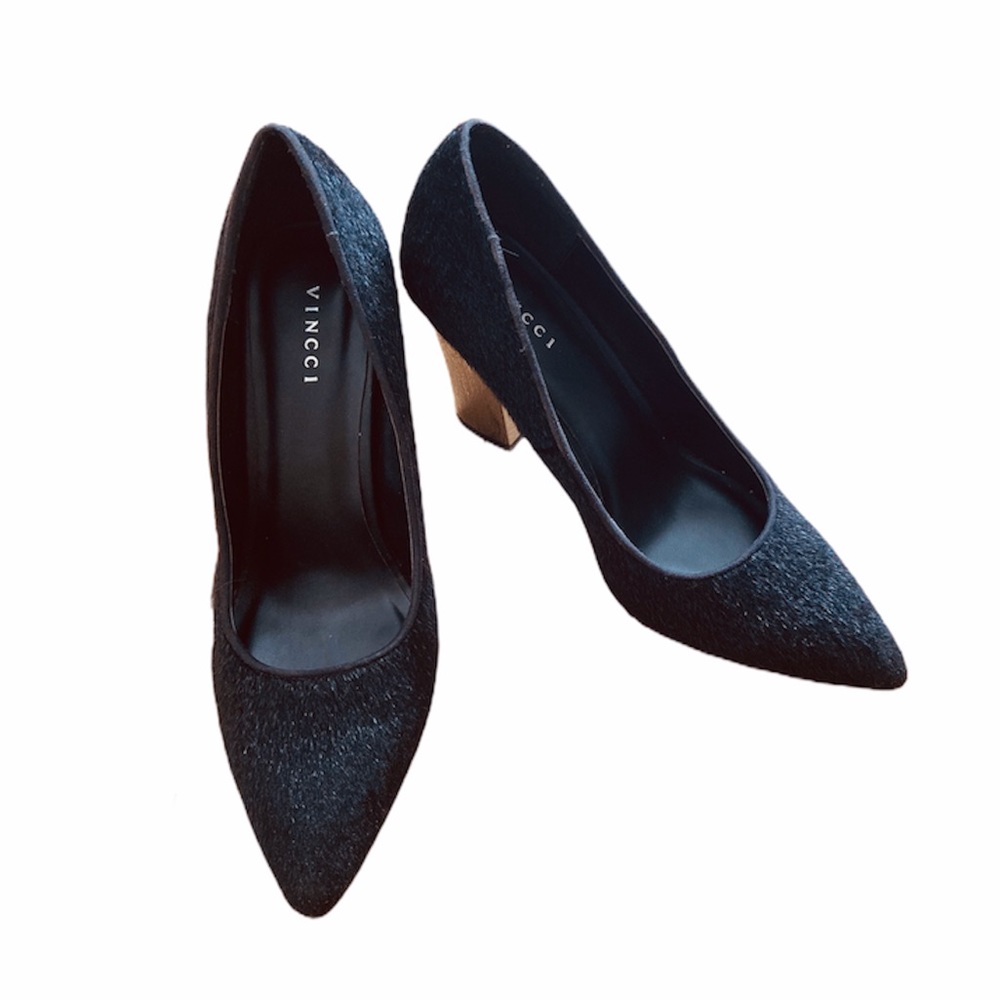 Black faux fur pointed toe heels